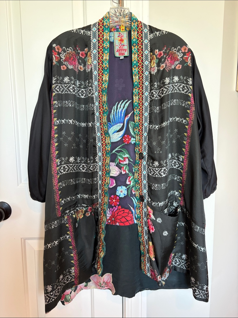 Johnny Was Black Embroidered Floral & Bird Kimono - Reversible